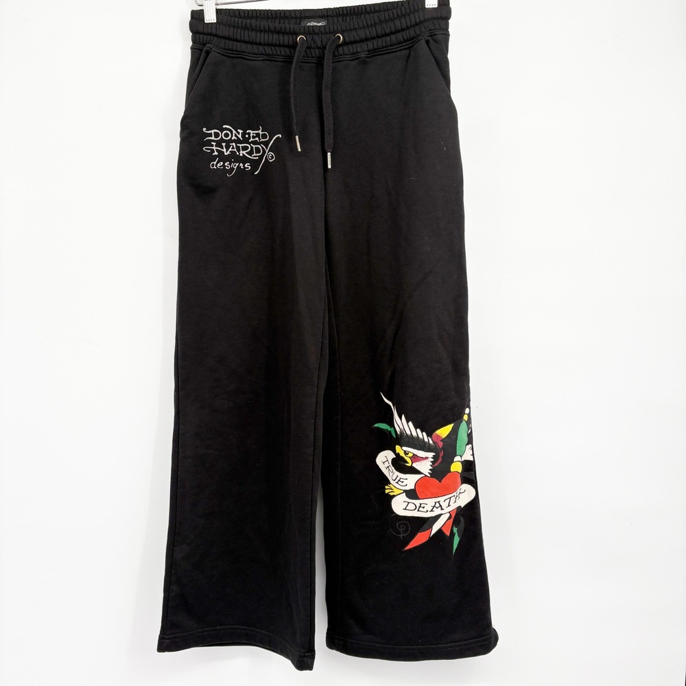 Ed Hardy Womens Black Retro Eagle Heart Tattoo Graphic Y2K Wide Leg Sweatpants S
